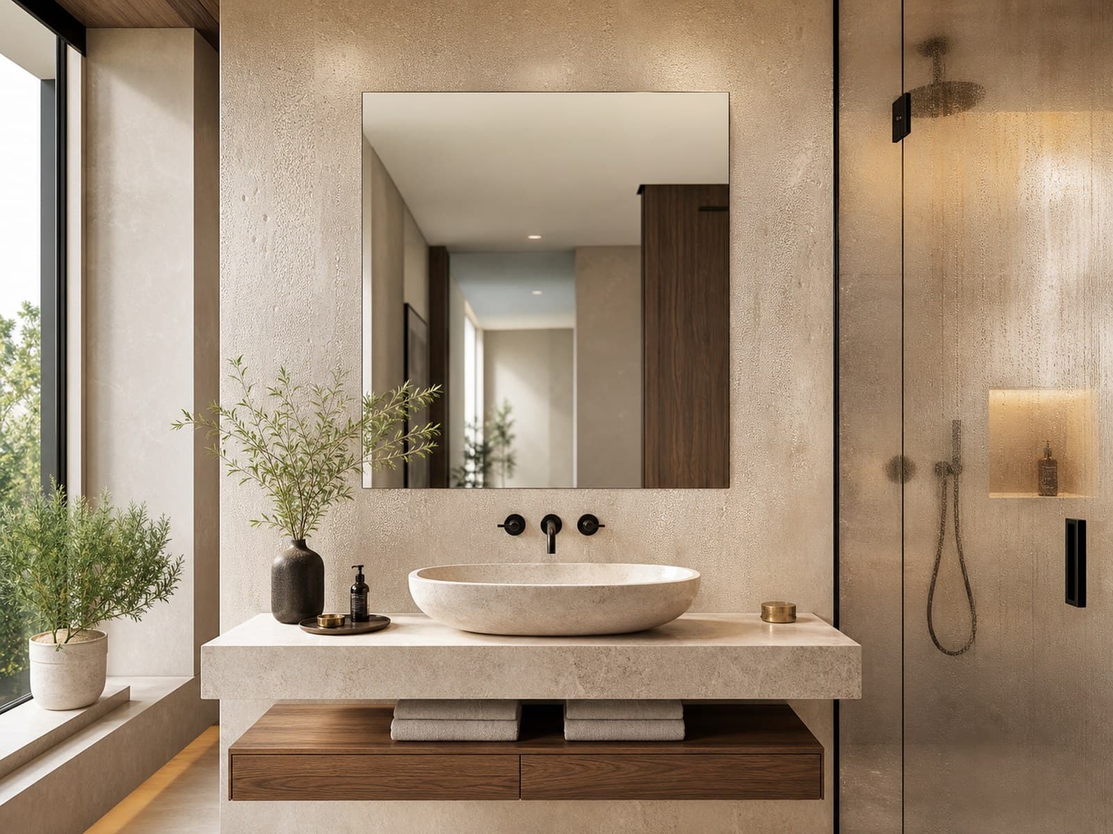 Oglindă de baie rămasă limpede deasupra lavoarului, în timp ce faianța din jur e aburită