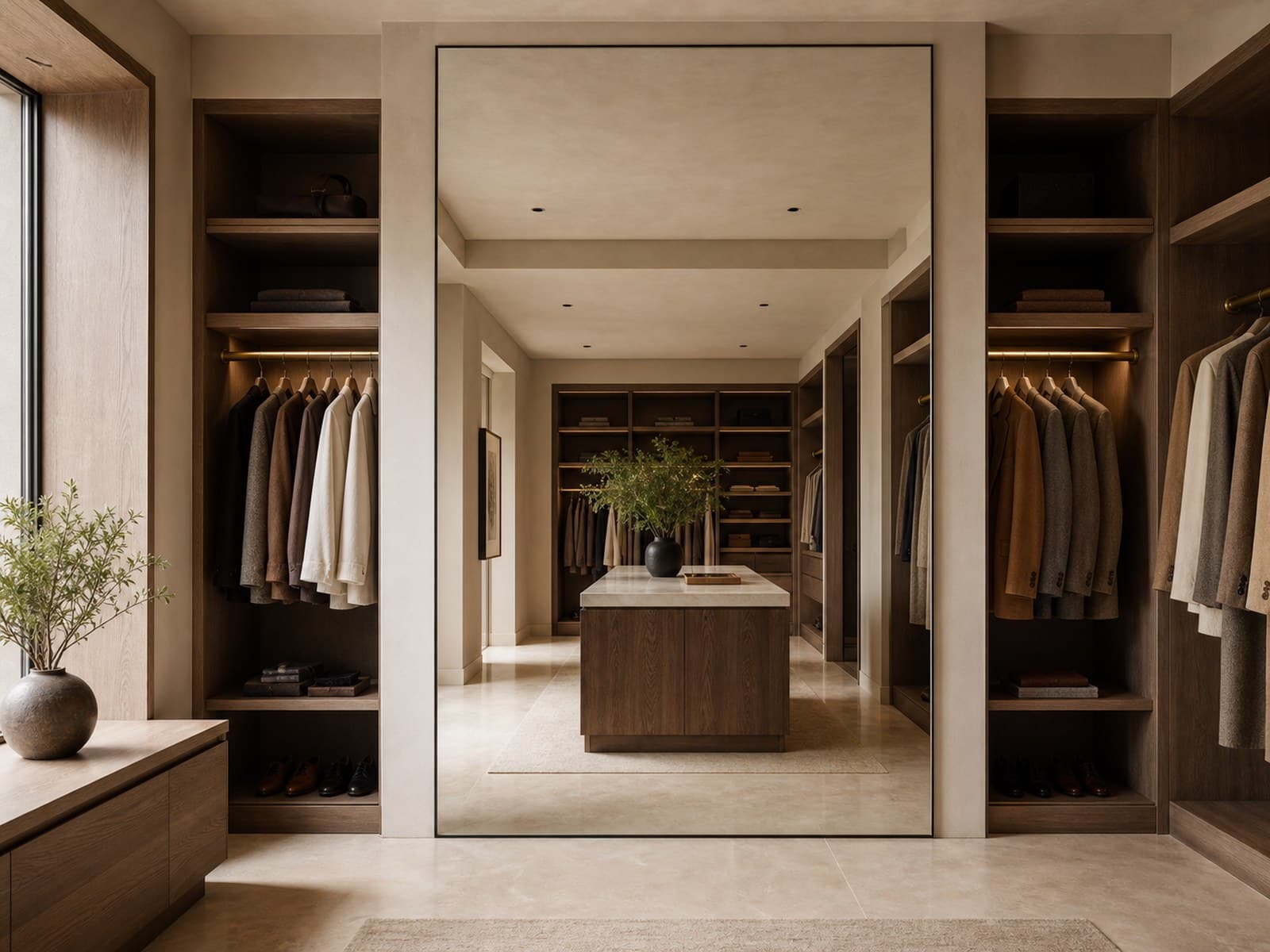 Panou de oglindă pe toată înălțimea peretelui într-un dressing walk-in cu rafturi de stejar